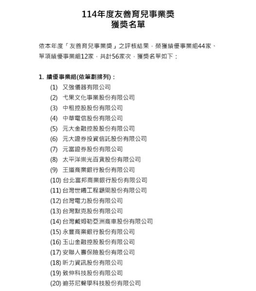 臺北市政府勞動局 114年度友善育兒獎出爐 兼顧事業與育兒不是夢 - https://www.watchmedia01.com